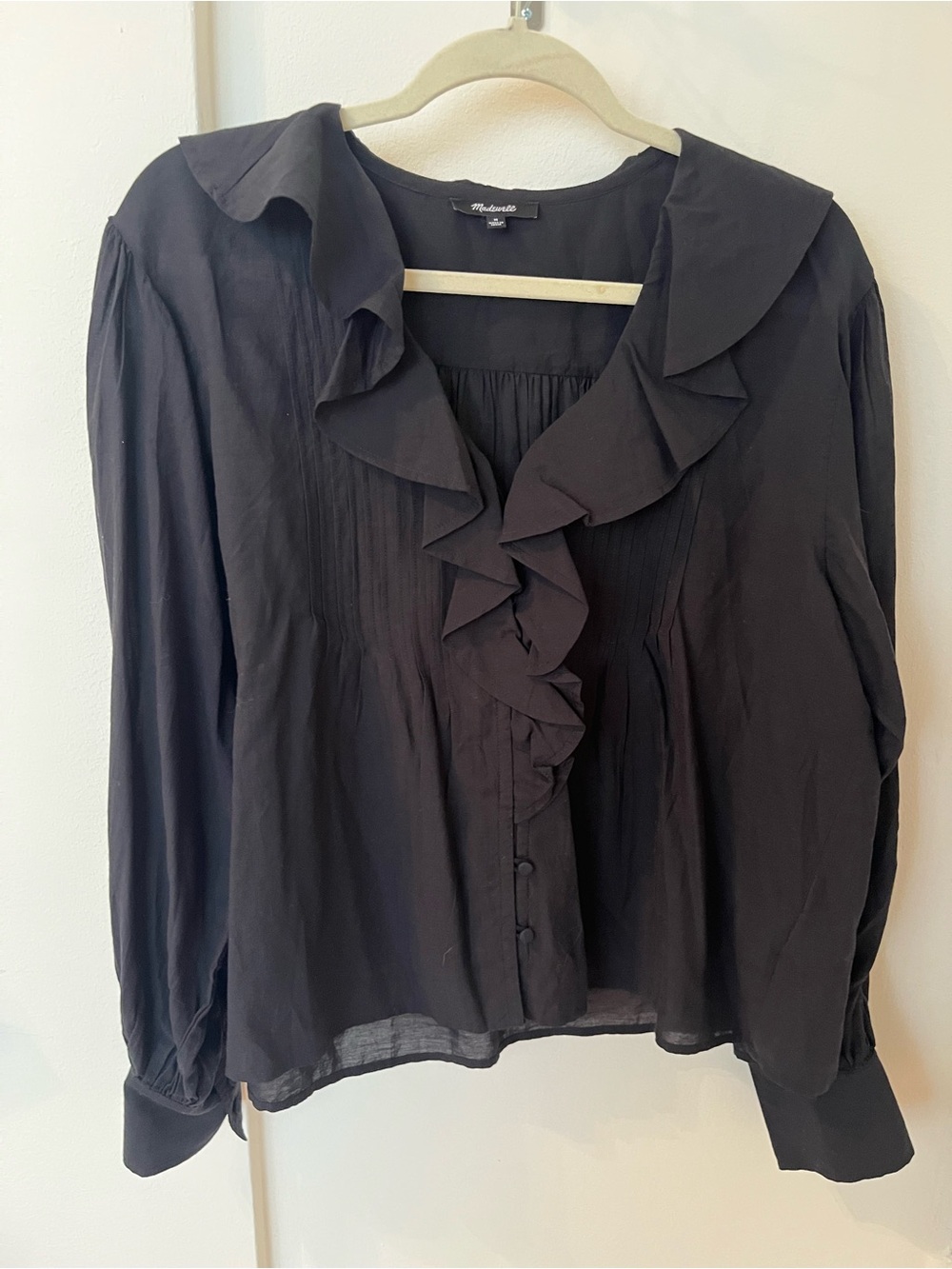 Madewell Black Ruffle-Front Long Sleeve Blouse